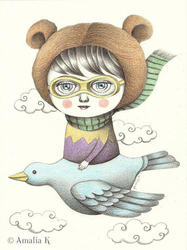 Original Art, Pencil Drawing, Whimsical Illustration - Fly on My Bird Plane by Amalia K