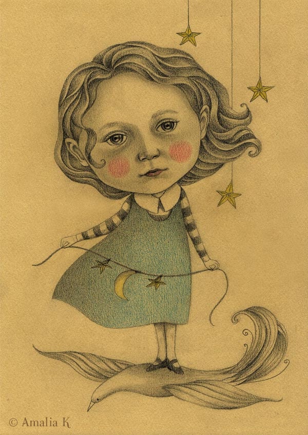 Pencil Drawing, Original Art, Whimsical Illustration, Nursery Art - Adora in the Sky - Payment Installments Available