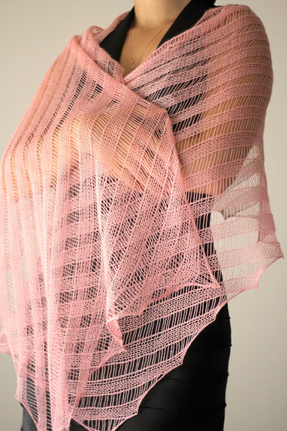 Hand knit shawl in soft pink lace elegant stole merino / silk gift for her Made to order