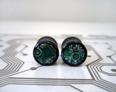 Ready to Ship - Circuit Board Plugs - 00 gauge Flared Black Acrylic Flared - Green - Cyborg Series