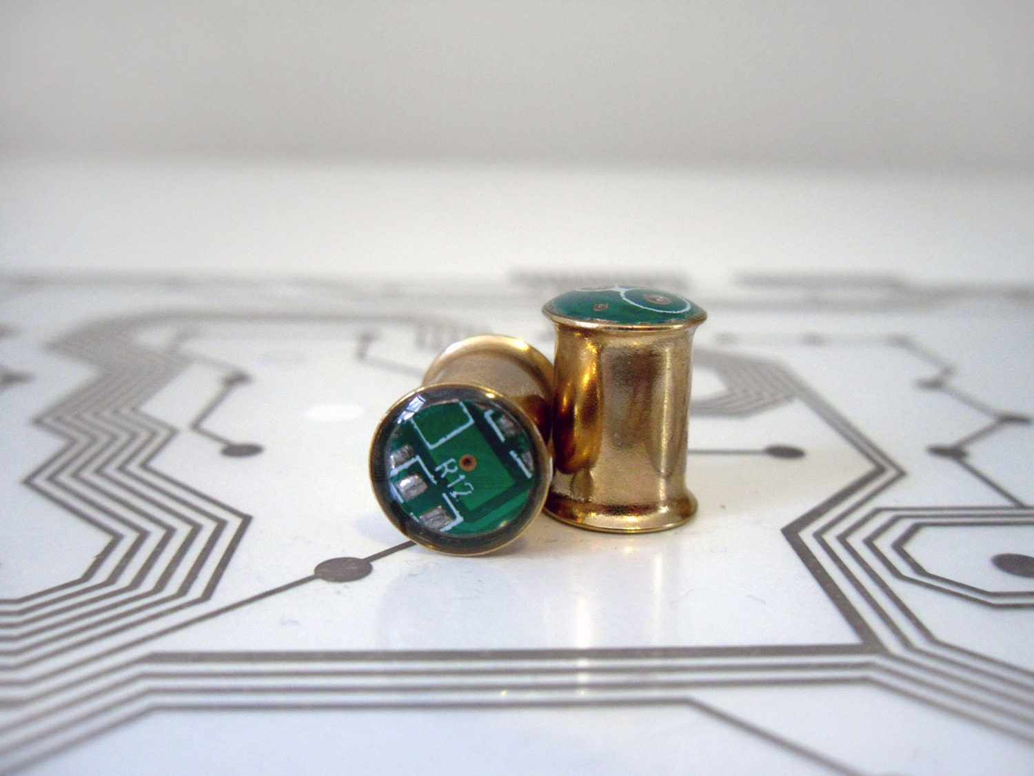 Circuit Board Plugs - Custom Size and Color - Gold Flared Tunnels - Green, Blue, Gold, Red - Cyborg Series