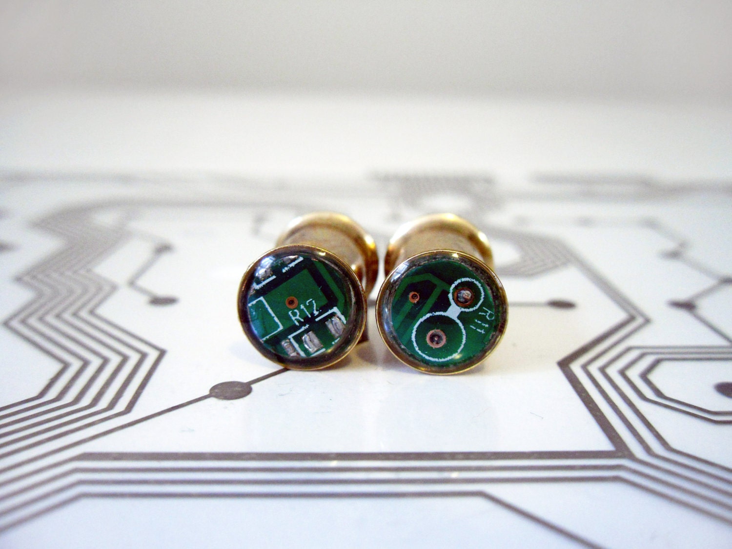 Ready to Ship - Circuit Board Plugs - Gold Flared Tunnels - Green 0 gauge - Cyborg Series