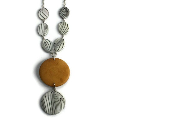 Light Brown Wood Necklace with Zebra Shells on Chain, Minimalist and Modern Jewelry