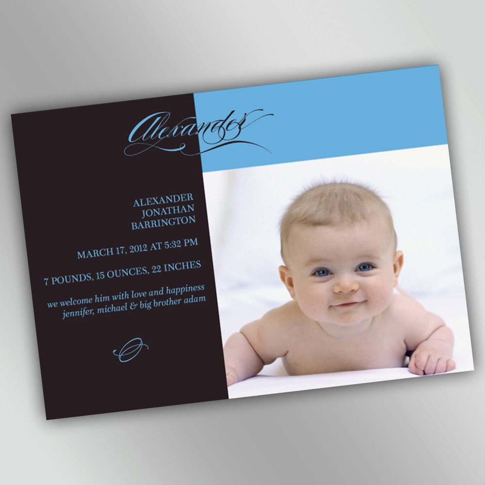 Modern New Baby Birth Announcements with Your Baby Photo, Printable Birth Announcement Cards, Black and Blue or Pink or Your Chosen Colors
