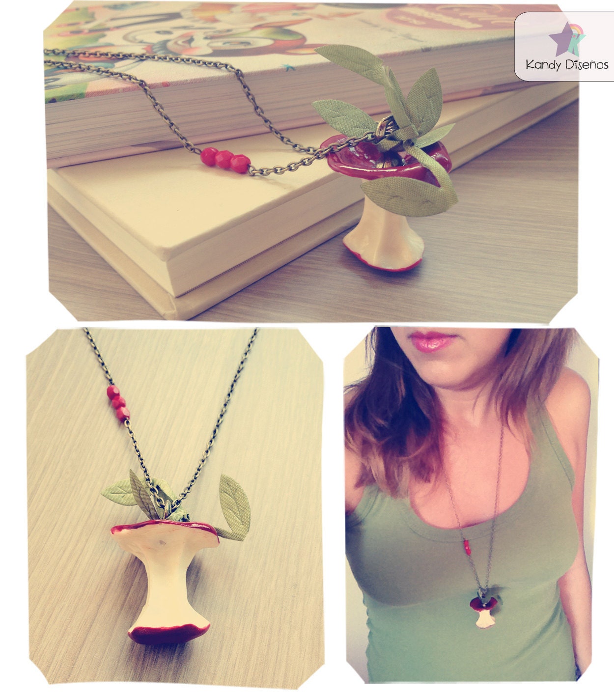 Apple Necklace. Bitten red apple necklace. Fruit necklace. Fruit jewelry