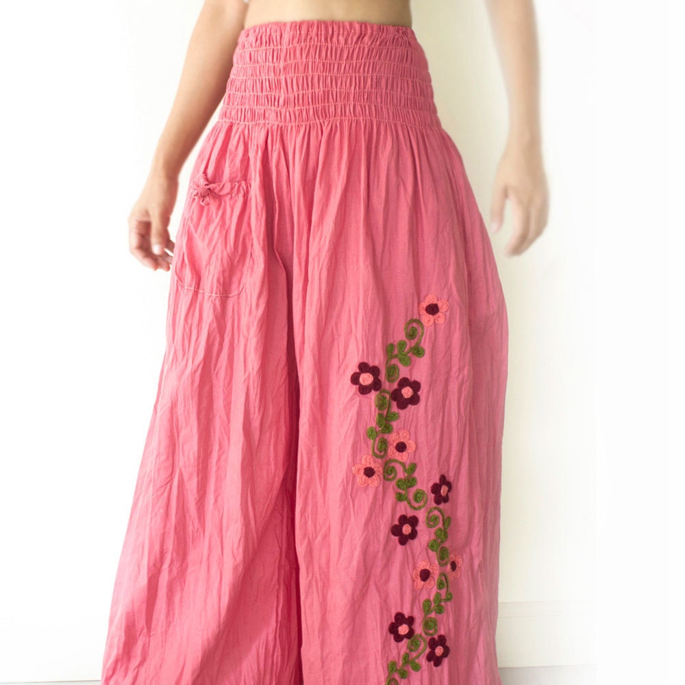 Cotton Wide Leg Pants with Flowers in Pink