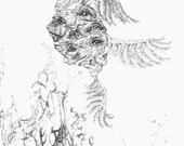 Original black and white ink drawing: Rise of the Phoenix