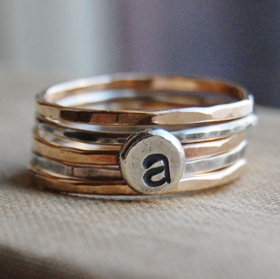 14K Gold Fill and Recycled Sterling Silver Stacking Rings - Monogrammed - Set of 5
