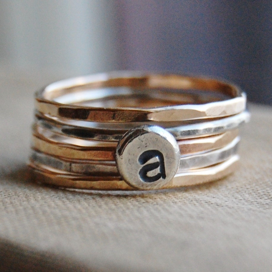 14K Gold Fill and Recycled Sterling Silver Stacking Rings - Monogrammed - Set of 5