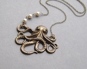Octopus necklace, cream swarovski crystal pearls, antiqued brass, large pendant, vintage inspired sea creature
