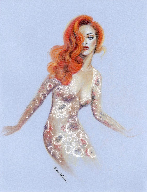 Pastel drawing art print - Rihanna like Mermaid
