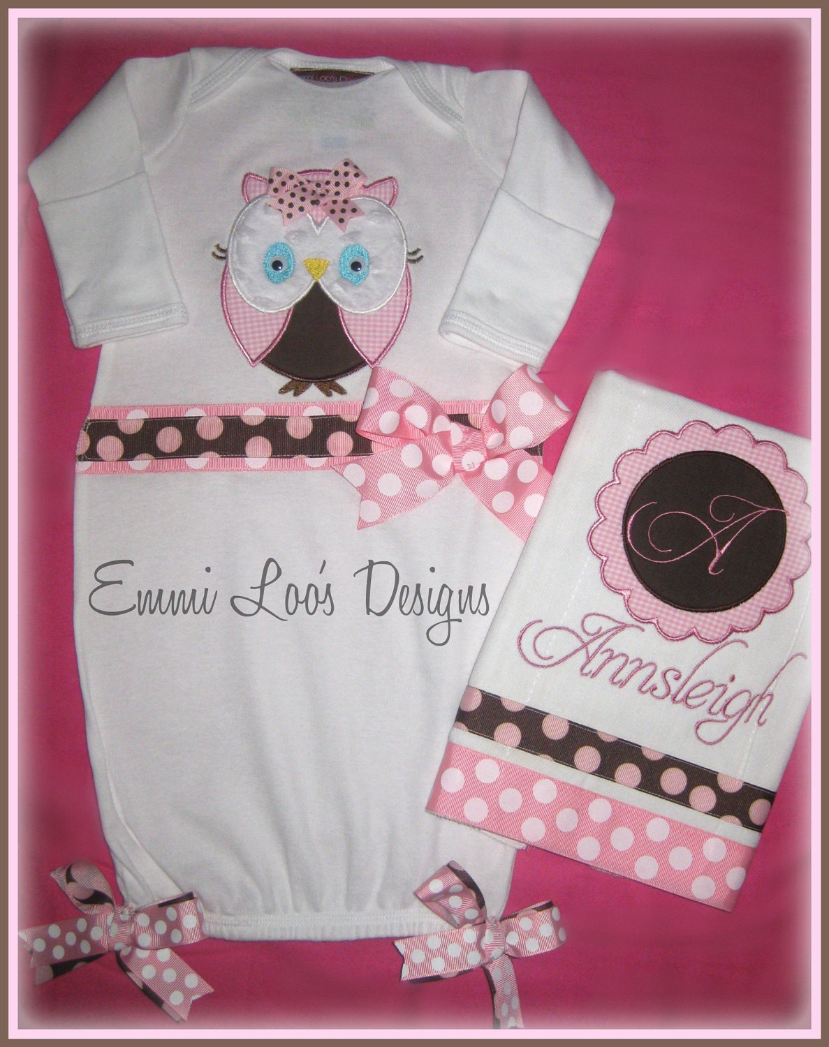 Adorable Pink & Brown Owl Infant Gown and Matching Burp Cloth - Perfect for BABY SHOWER Gift