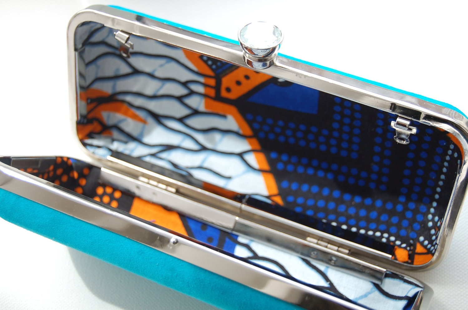 EVA / Clutch Purse /  Blue Suede Leather / with round faceted stone clasp / vibrant African print lining. OOAK