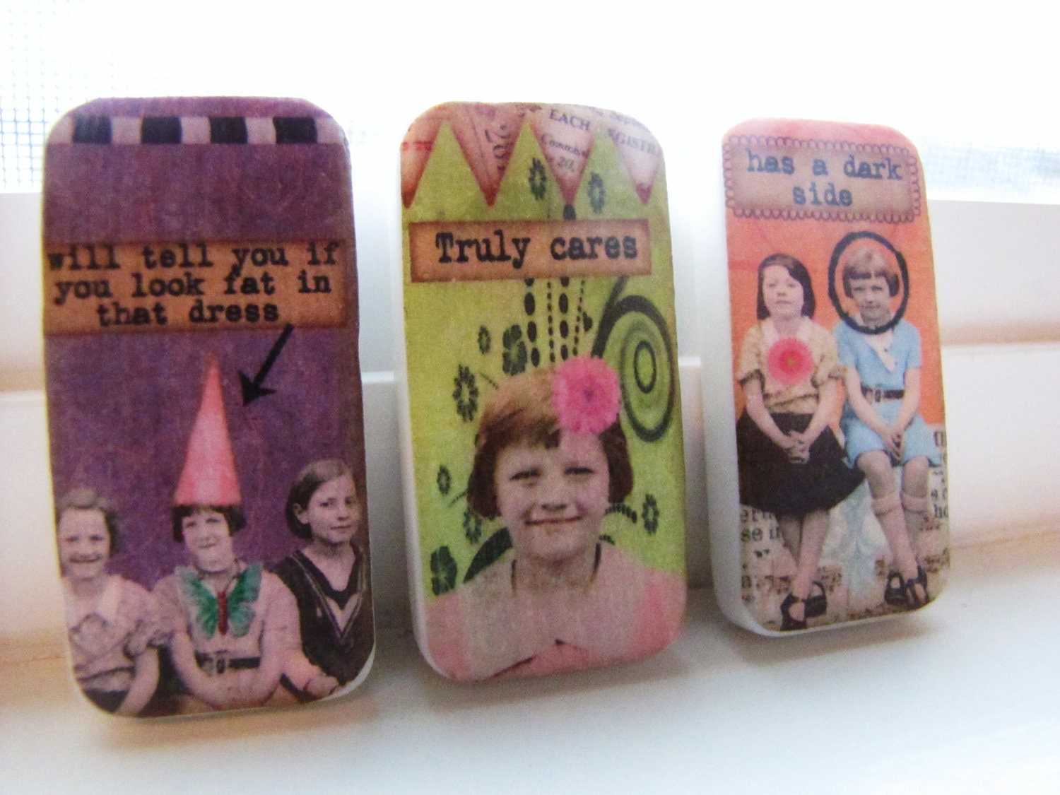 Magnets. Retro Humor "Girlfriends" - CHOOSE ANY 3 Spunky Sassy Funny gift set. Pastels. Purple. Green.