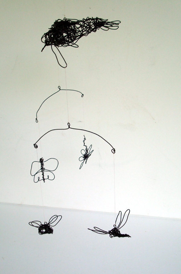 Original Wire Mobile Sculpture - FLYING BIRD and Bugs and Bloom - Wire Art