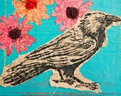 Raven and Flowers Mixed Media Collage Painting