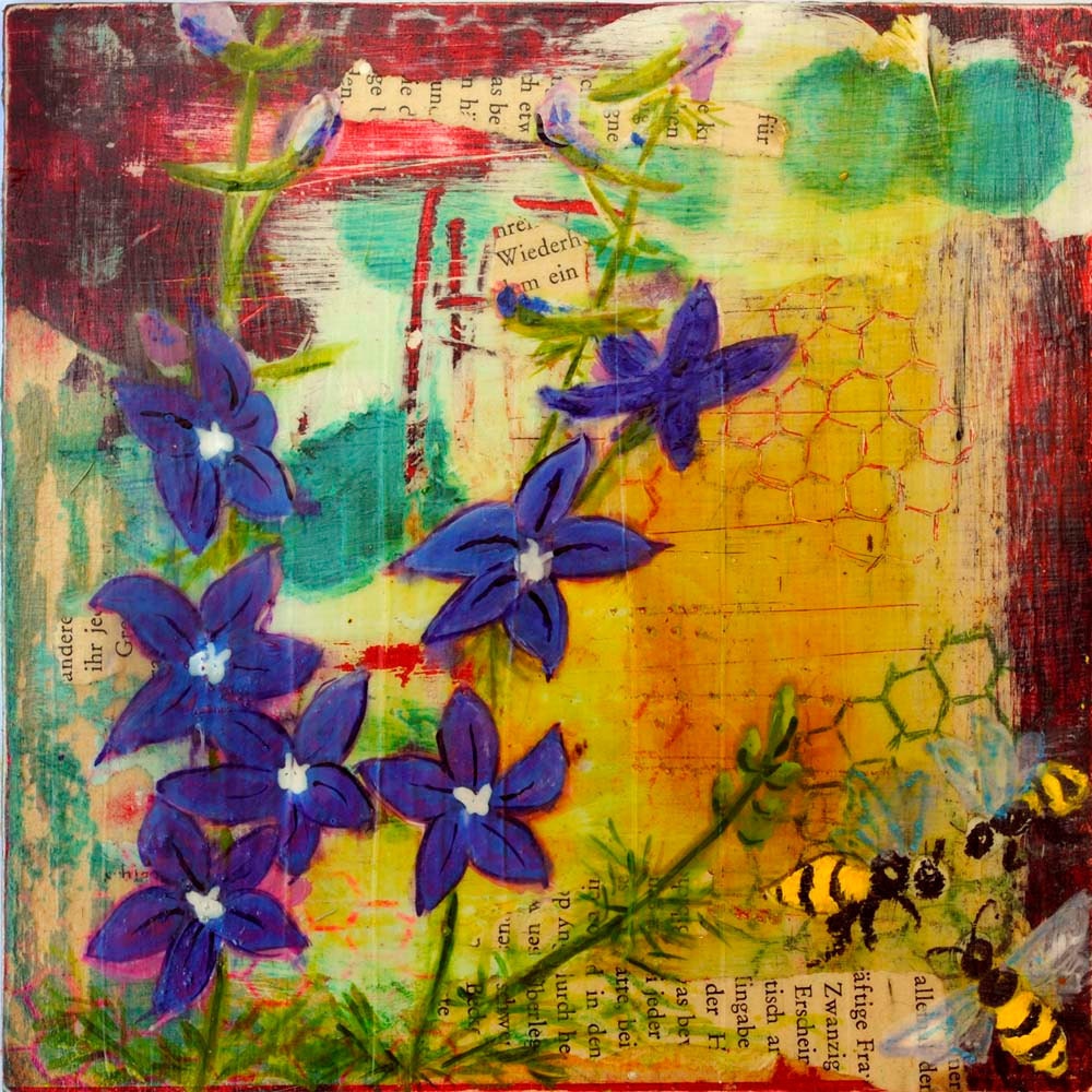 Mixed Media Bees and Flowers Original Painting