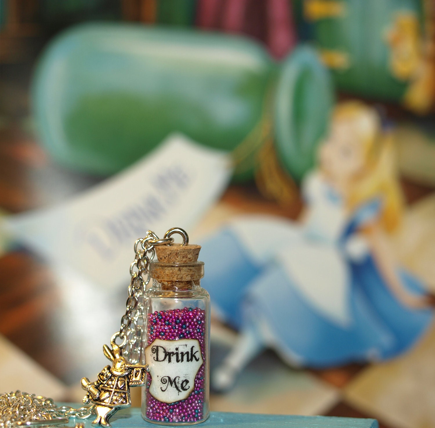 Alice in Wonderland Drink Me Bottle Necklace in  Psychedelic Pink with a Rabbit Charm