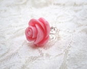 Pink rose cocktail ring - large baby pink icing rose on silver filigree adjustable ring