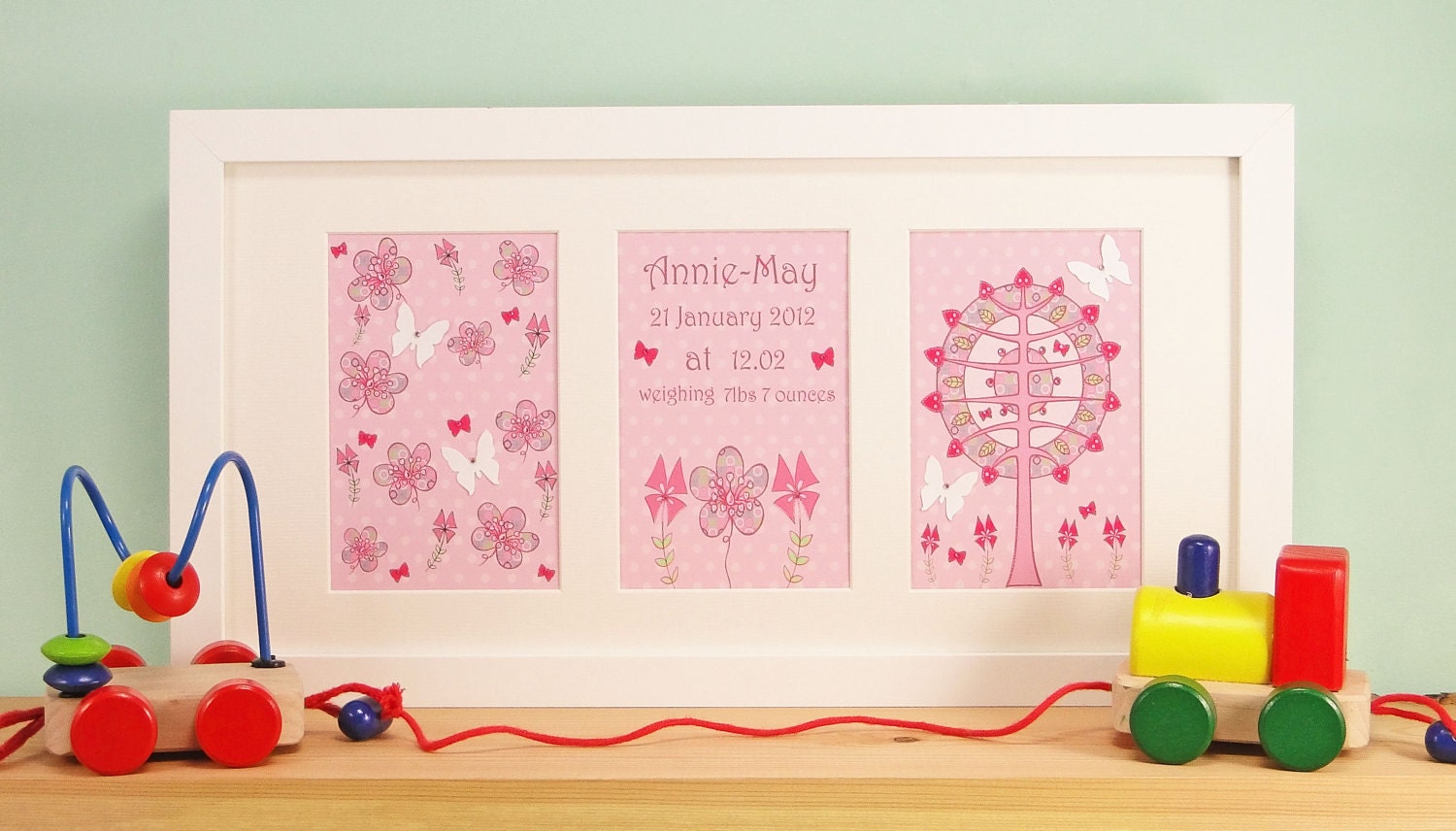 Pink paradise art print- Personalized framed picture for a new baby or a special birthday
