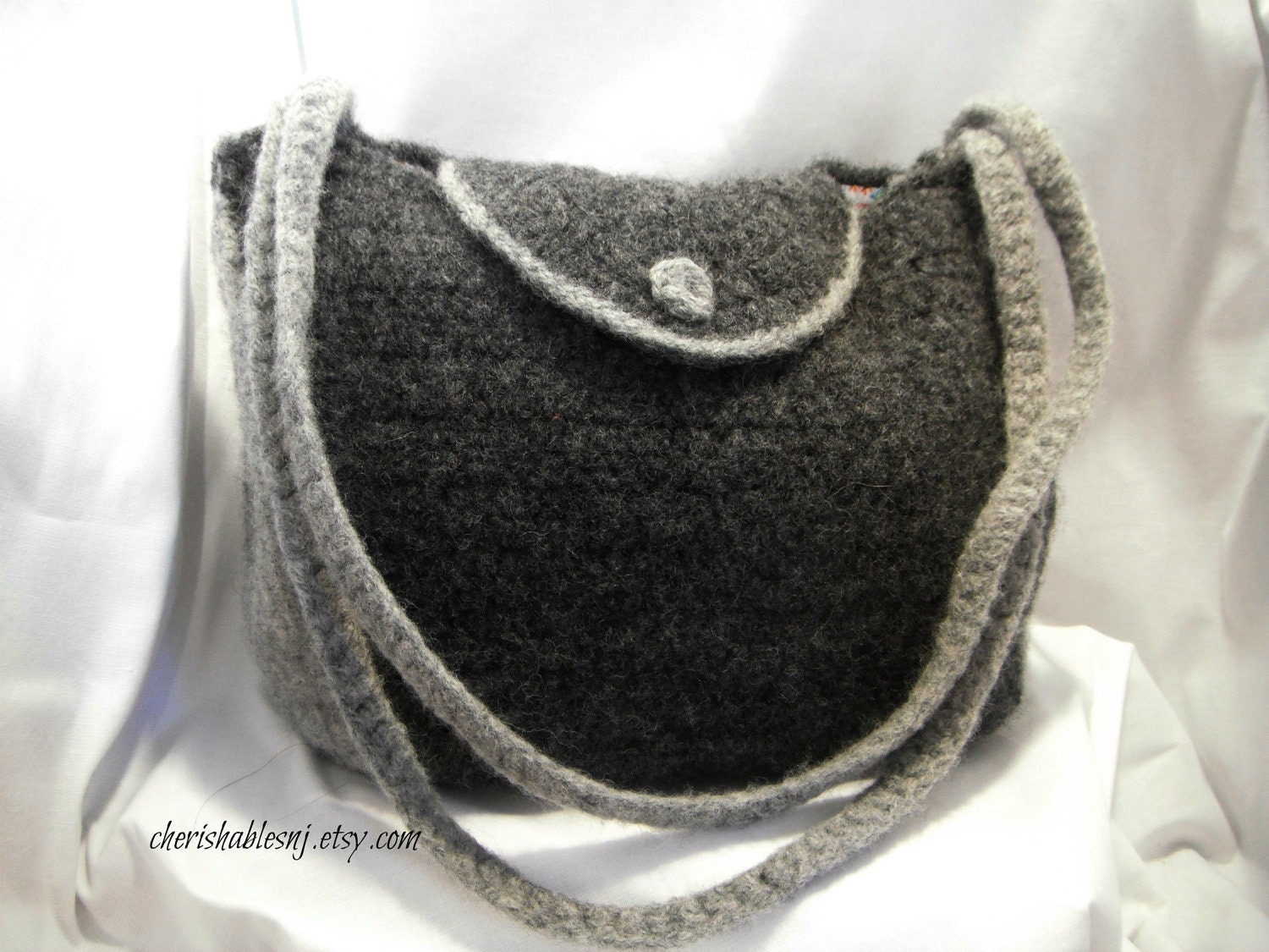 Felted Purse in Gray with Light Gray Trim - Classic Shape - Crochet Purse with 2 Shoulder Straps - Ready to ship - OOAK