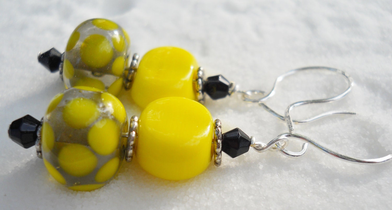 Steelers Lampwork Bead Earrings in Yellow, Black and Gray (Charcoal)
