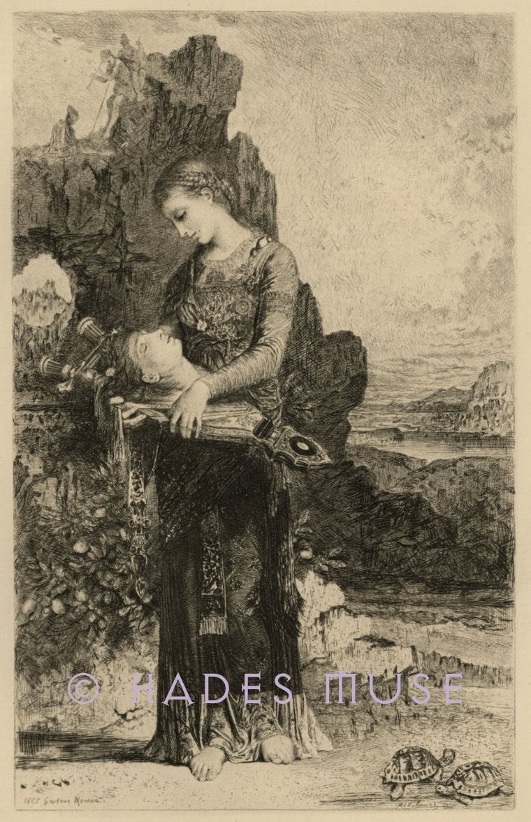 Lover Slain-Torn 2 Pieces-Killed-1893 Antique Vintage ETCHING Art PRINT-Orpheus-Muse-Greek Mythology-Turtle-Shield