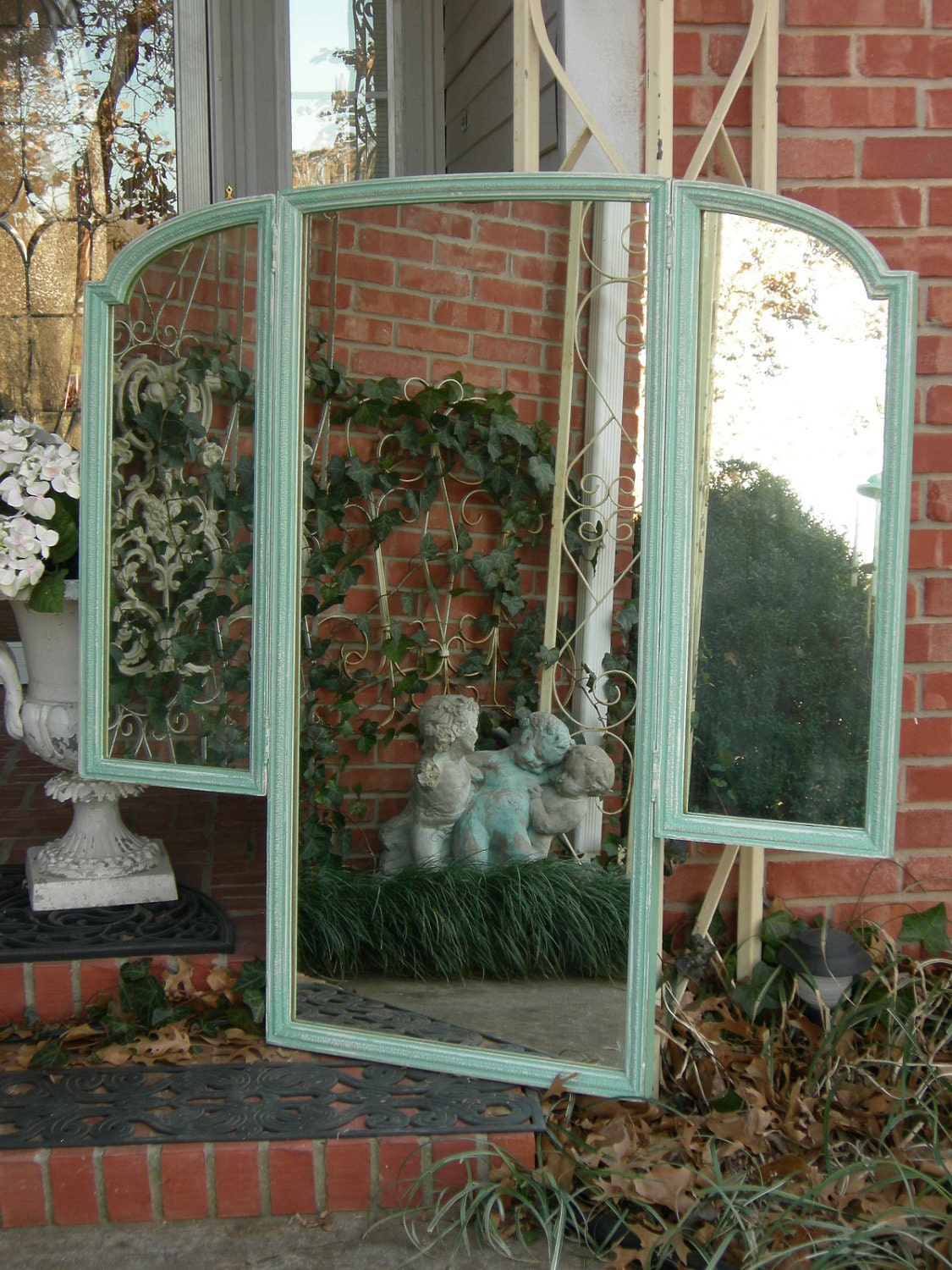 Antique FLOOR MIRROR Shabby Chic Aqua Tri Fold Wall Mounted