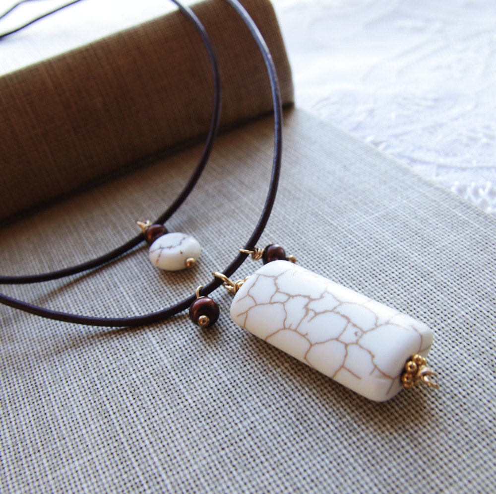 White Turquoise Necklace Beaded Magnesite Brown Pearl Gold Fill Rustic Wedding Bridesmaid Gifts, Artisan Handmade Jewelry