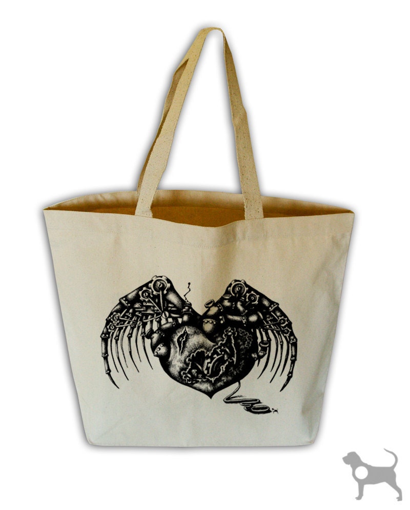 Steampunk Heart Reusable Natural Cotton Canvas Grocery Tote Bag (Choose Your Ink Color)