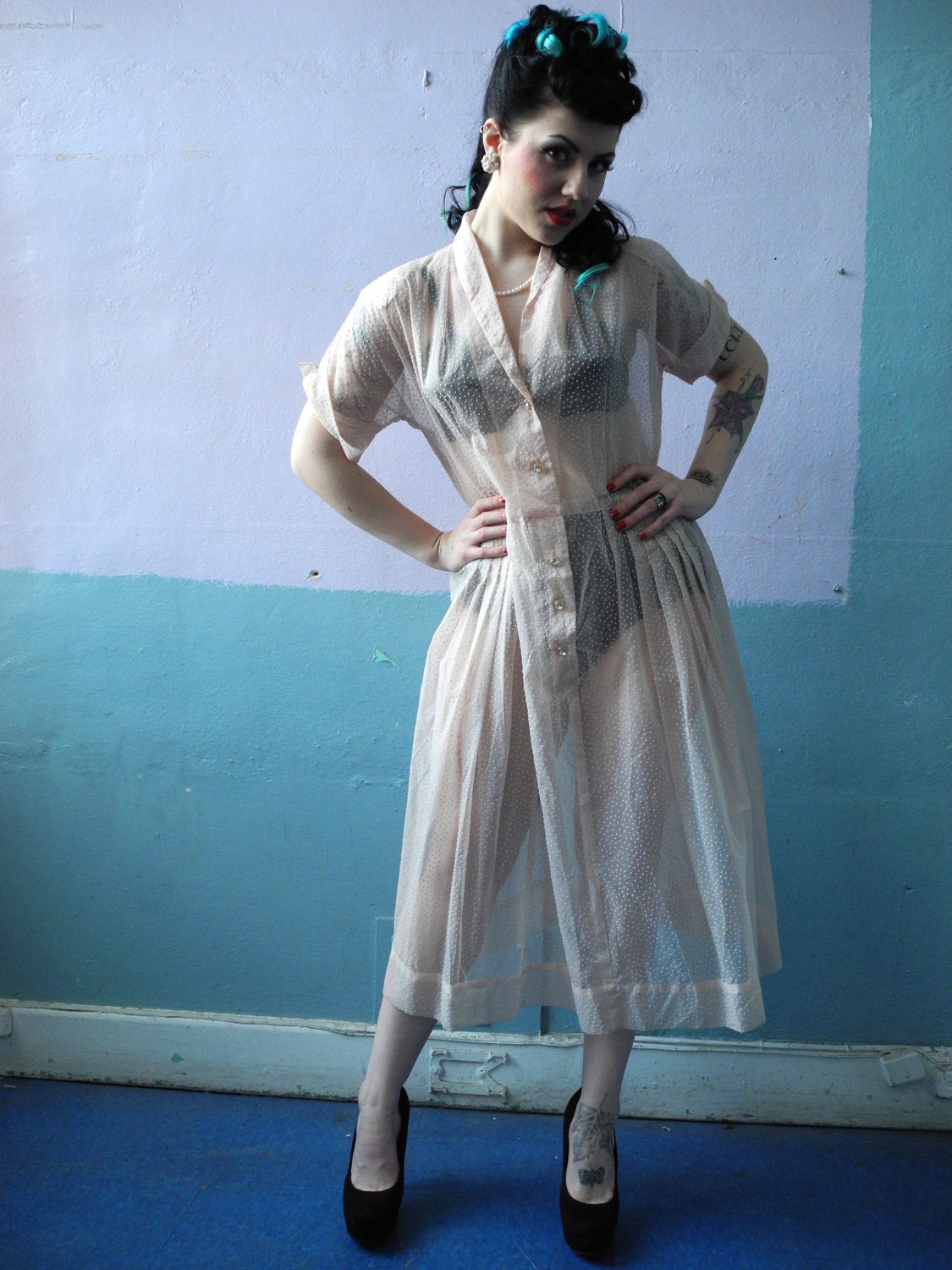 Vtg 30s 40s Sheer Pink / Ooh La La / Polka Dot Dress