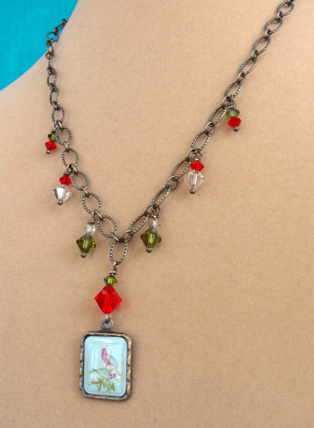 Antiqued Holiday Necklace, Brass Chain and Red and Green Crystals and Pendant, One of a Kind