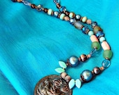 Painted Metal Pendant Bohemian Gems and Glass Necklace, One of a Kind