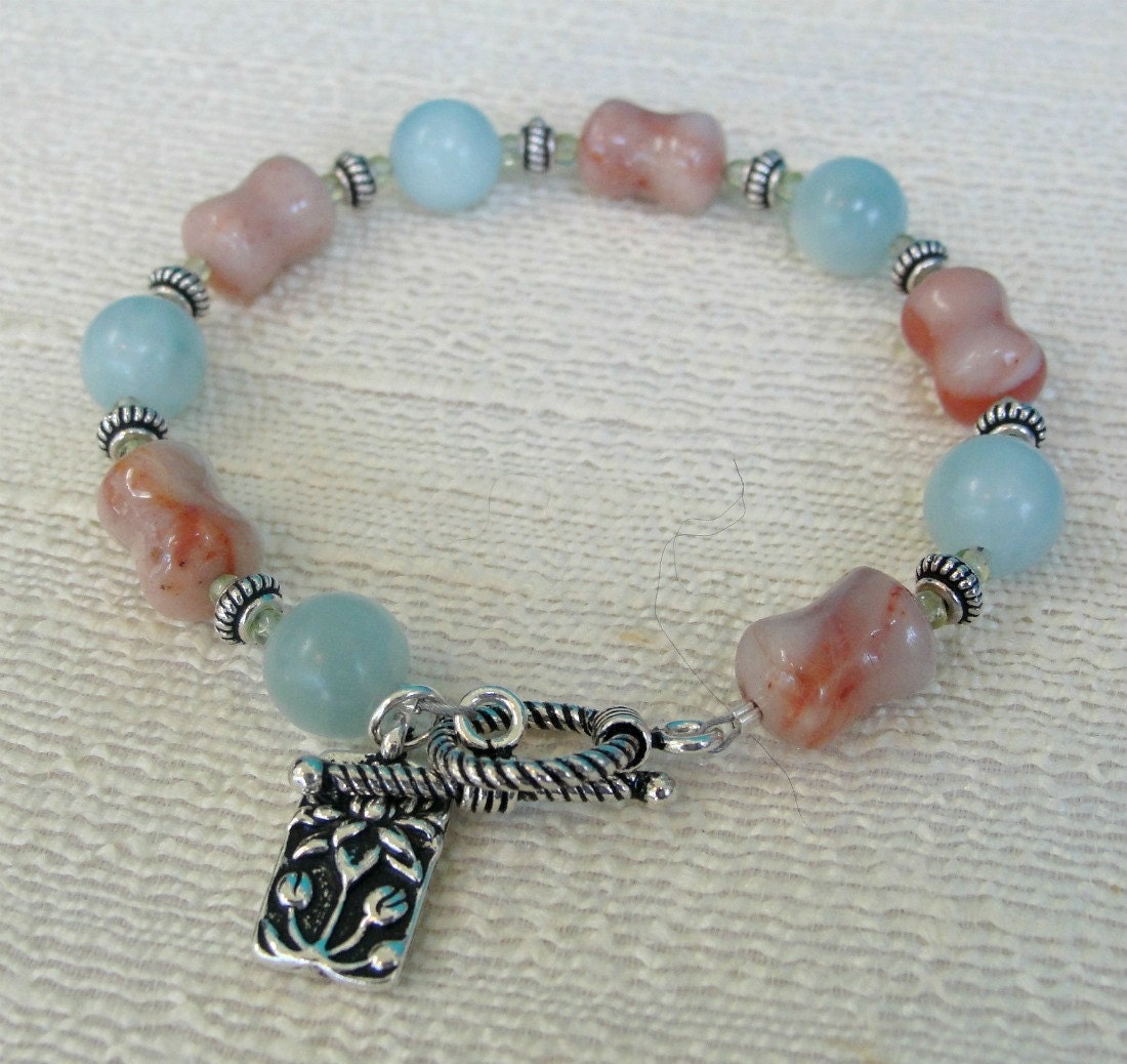 Monaco Agate, Amazonite, Peridot and Silver Lotus Bracelet, One of a Kind