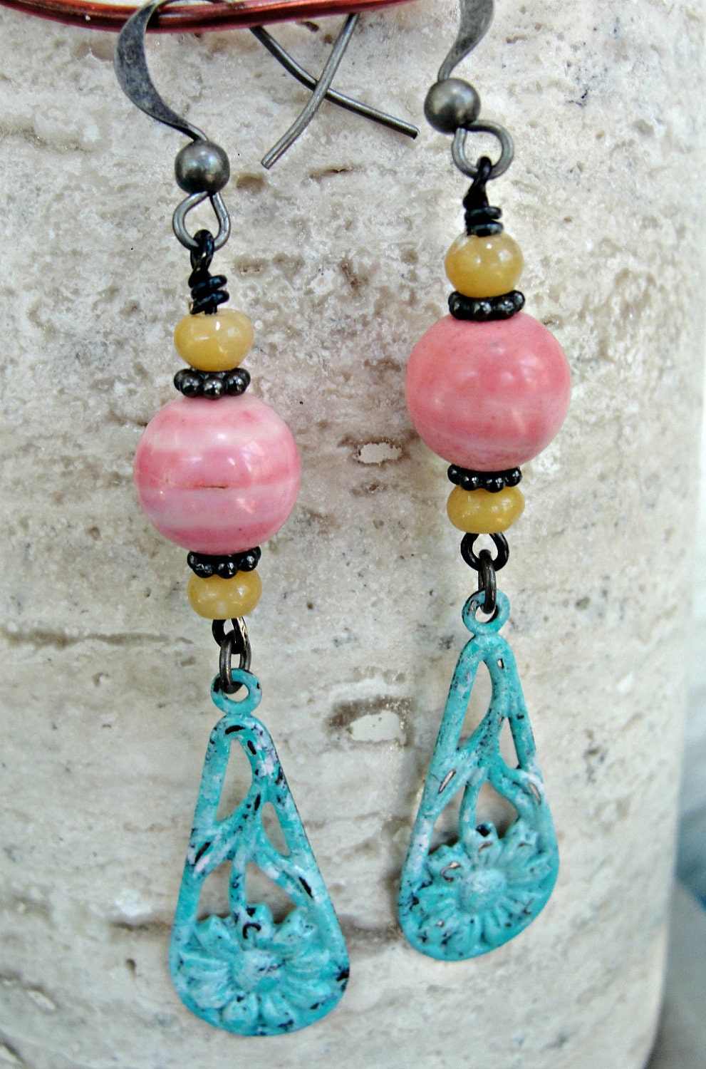 Orange Coral, Yellow Jasper and Blue Patined Metal Daisy Dangles, One of a Kind