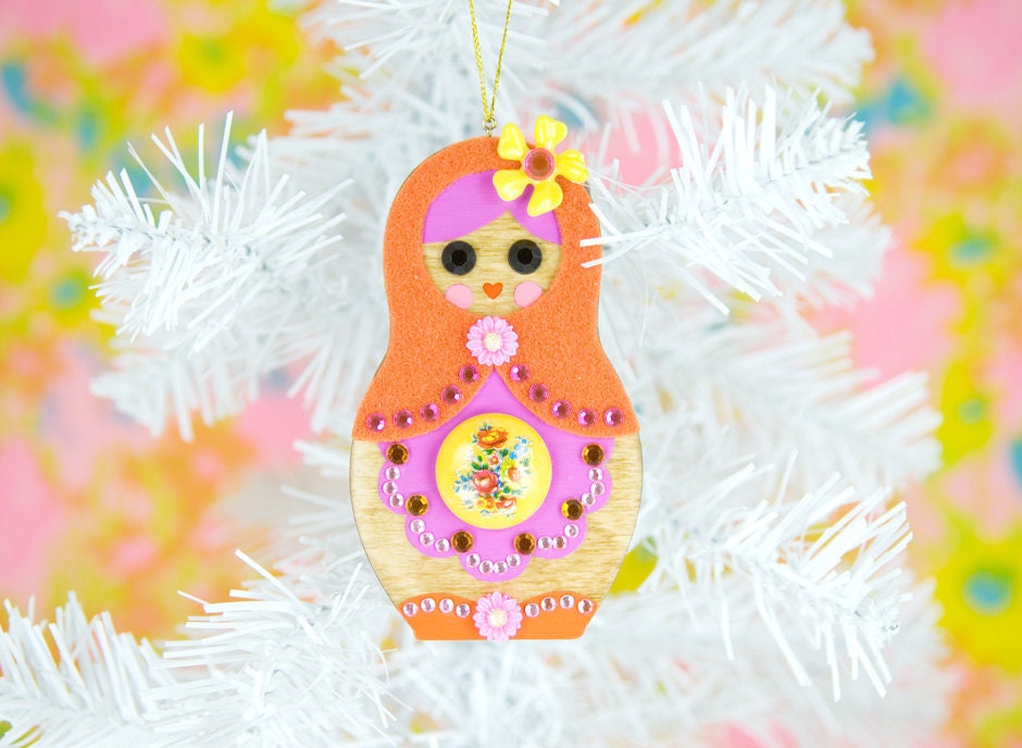 Matryoshka Christmas Ornament Nesting Doll Jeweled Wood Orange Purple