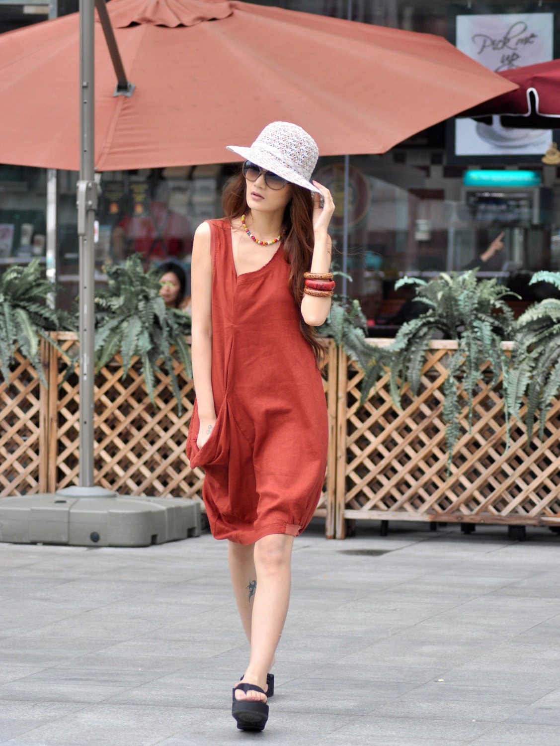Single Big Pocket Vest Dress in Red - NC037