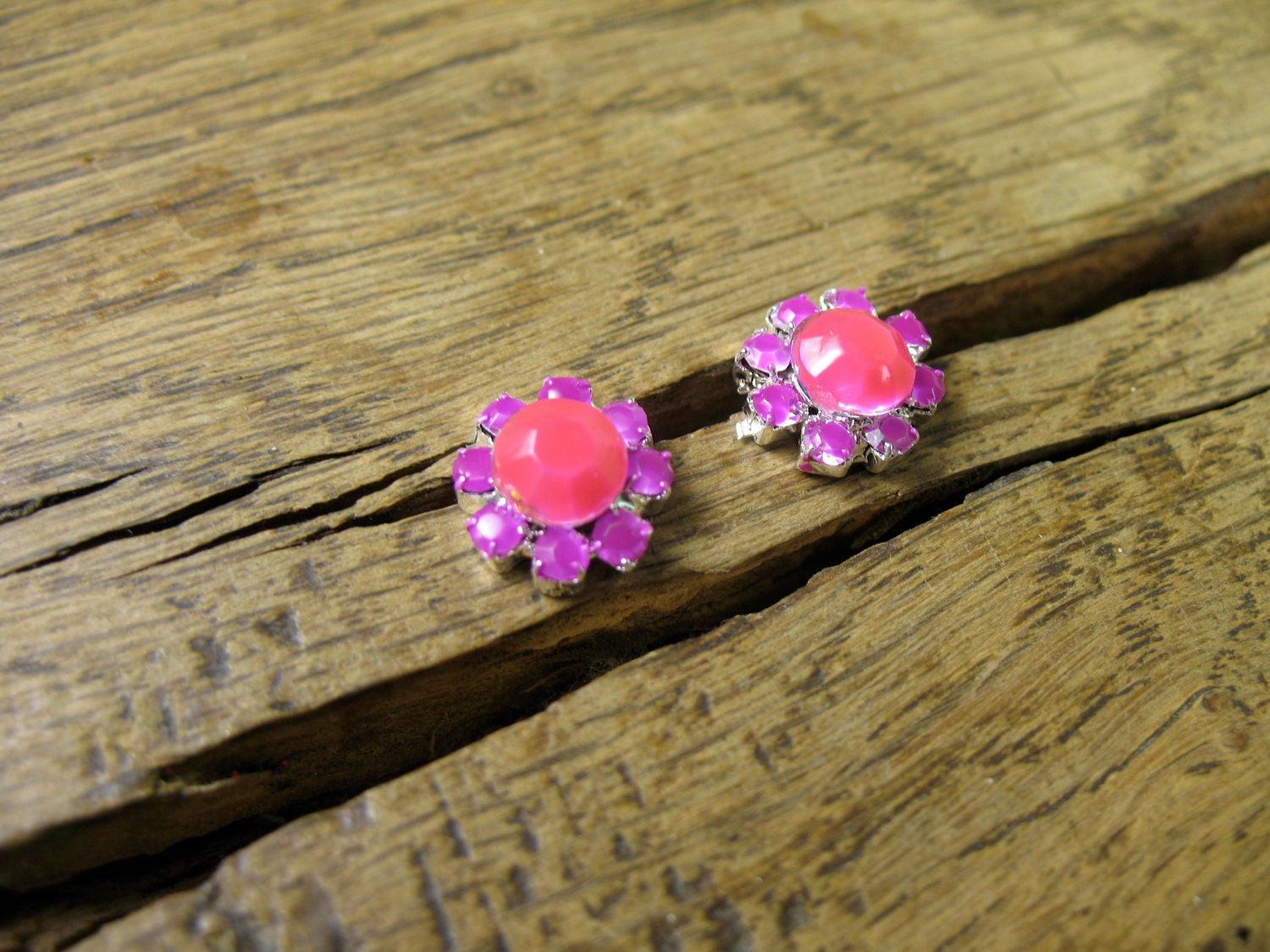 Tiny Neon Pink & Neon Purple Crystal Stud Earrings in Silver