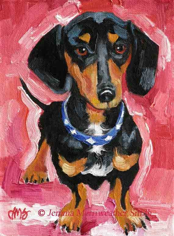 Black Dachshund Painting, Doxie Art Print, Weiner Dog, Hot Dog - Giclee Art Print -  7 x 5  Dog Art