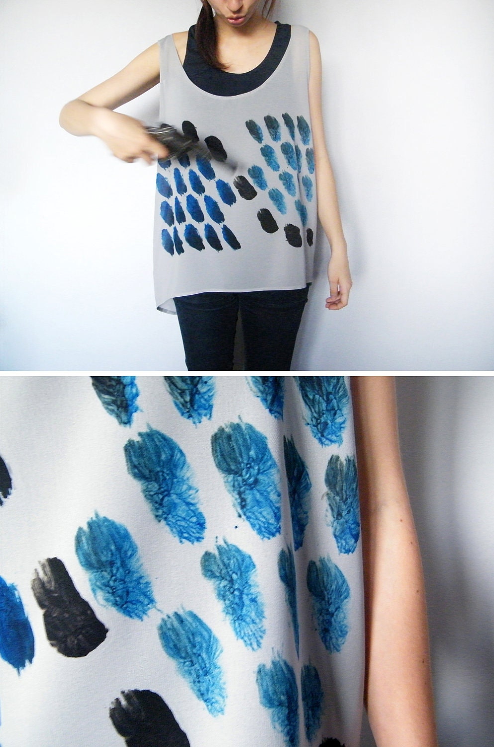 Ombre Zen Print Sheer Tank Top - Minimalist Geometric Abstract Shirt Gray Chiffon Tee Blue Black Hand Printed Tee Top