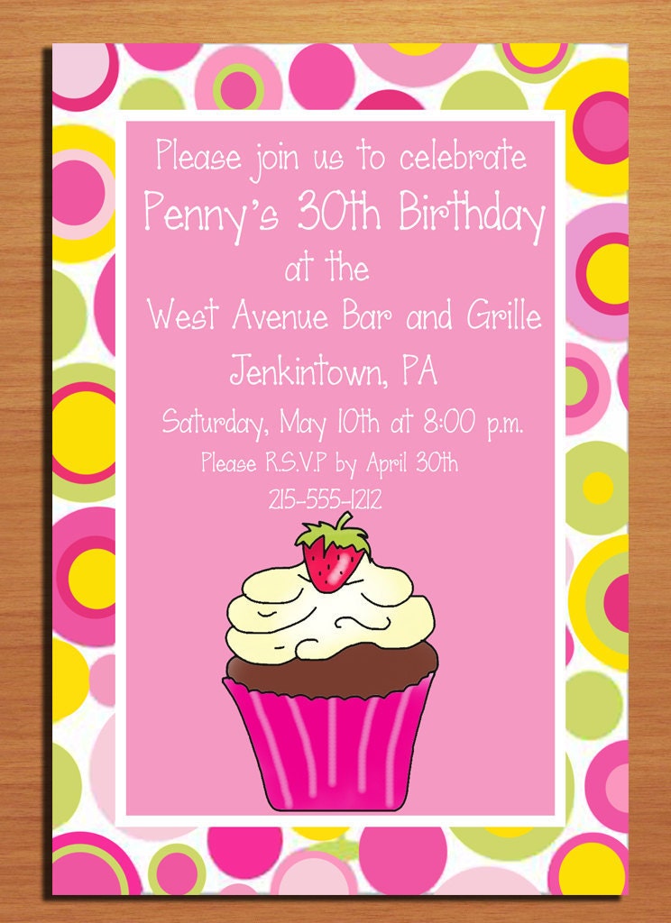 Customized Printable Yellow Pink and Green Circles with Cupcake Adult Birthday Party Invitation Cards DIY