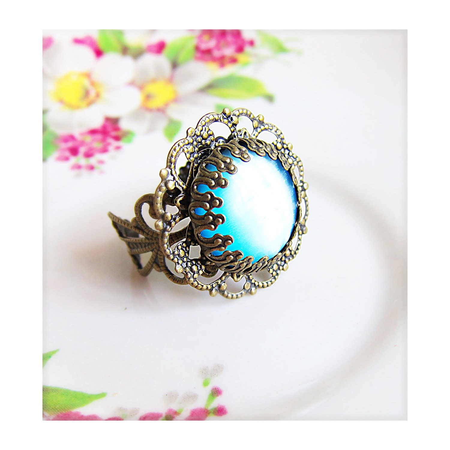 Blue Ring Exotic Blue Glass Dome Ring Floral Filigree Ring Vintage Lace Antique Brass Ring - El Conquistador, The Fountain