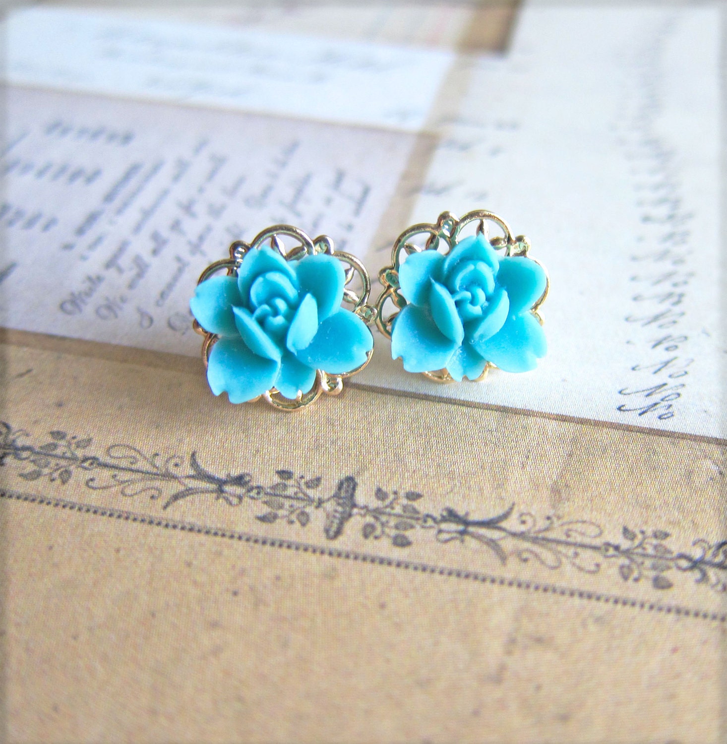 Turquoise Earrings Blue Bridesmaids Teal Wedding Gold Post Studs Flower Floral Shabby Chic Dainty Quaint Victorian Garden Tea Party