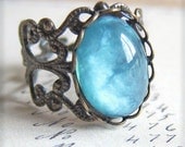 Lord of the Rings Inspired Aqua Blue Ring Vintage Filigree Ring Cameo Ring Antique Brass Ring Cabochon Ring - Sindarine Cloud