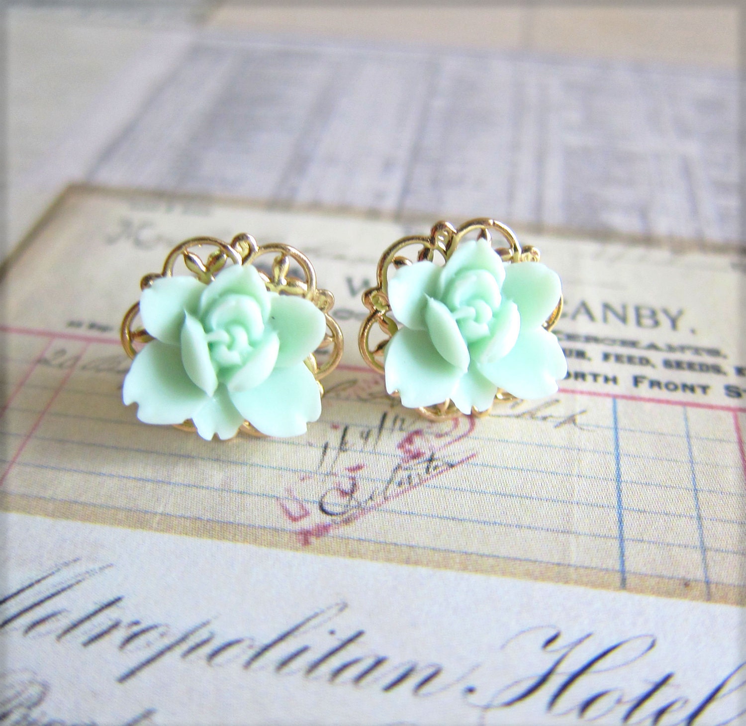 Mint Floral Gold Post Earrings Mint Green Floral Studs Gold Filigree Vintage Lace Filigree Earrings - The Green Fairy