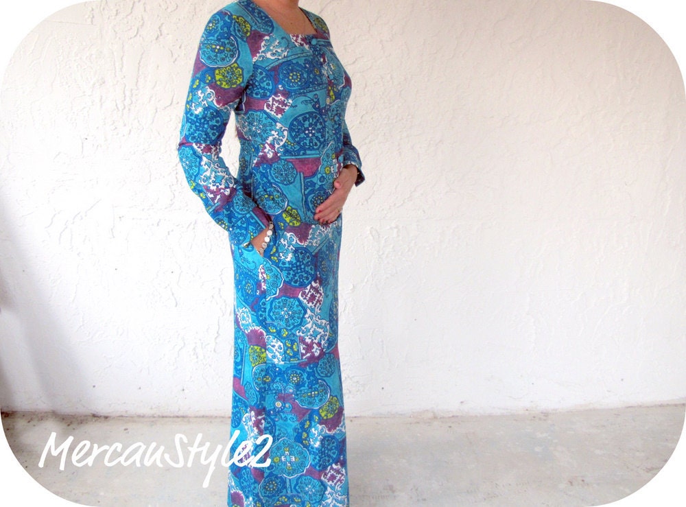 Turquoise Hawaiian Maxi Dress with pocket  (sz SM)