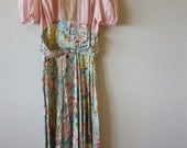 Vintage  1940s Spring Multicolor Floral Pink and Peach Lace Maxi Dress
