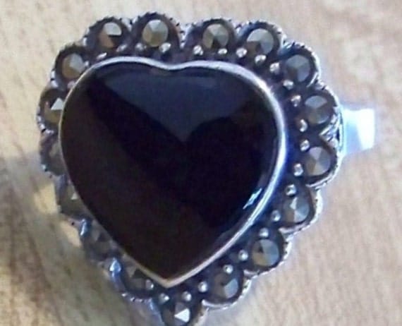 Vintage Sterling Silver Black Onyx and Marcasite Heart Shaped Ring Valentine's Gift