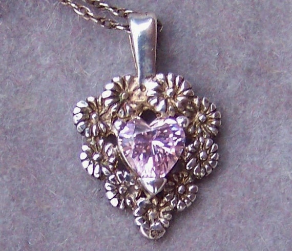 Vintage Sterling Silver Floral Filigree Heart-Shaped Pink Simulated Diamond Pendant with Chain Valentine's Hearts and Flowers