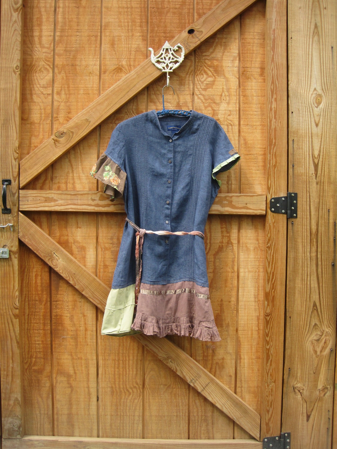 Boho dress,L- XL Ranch dress, rustic dress, Funky dress upcycled Xlarge linen Ready to ship